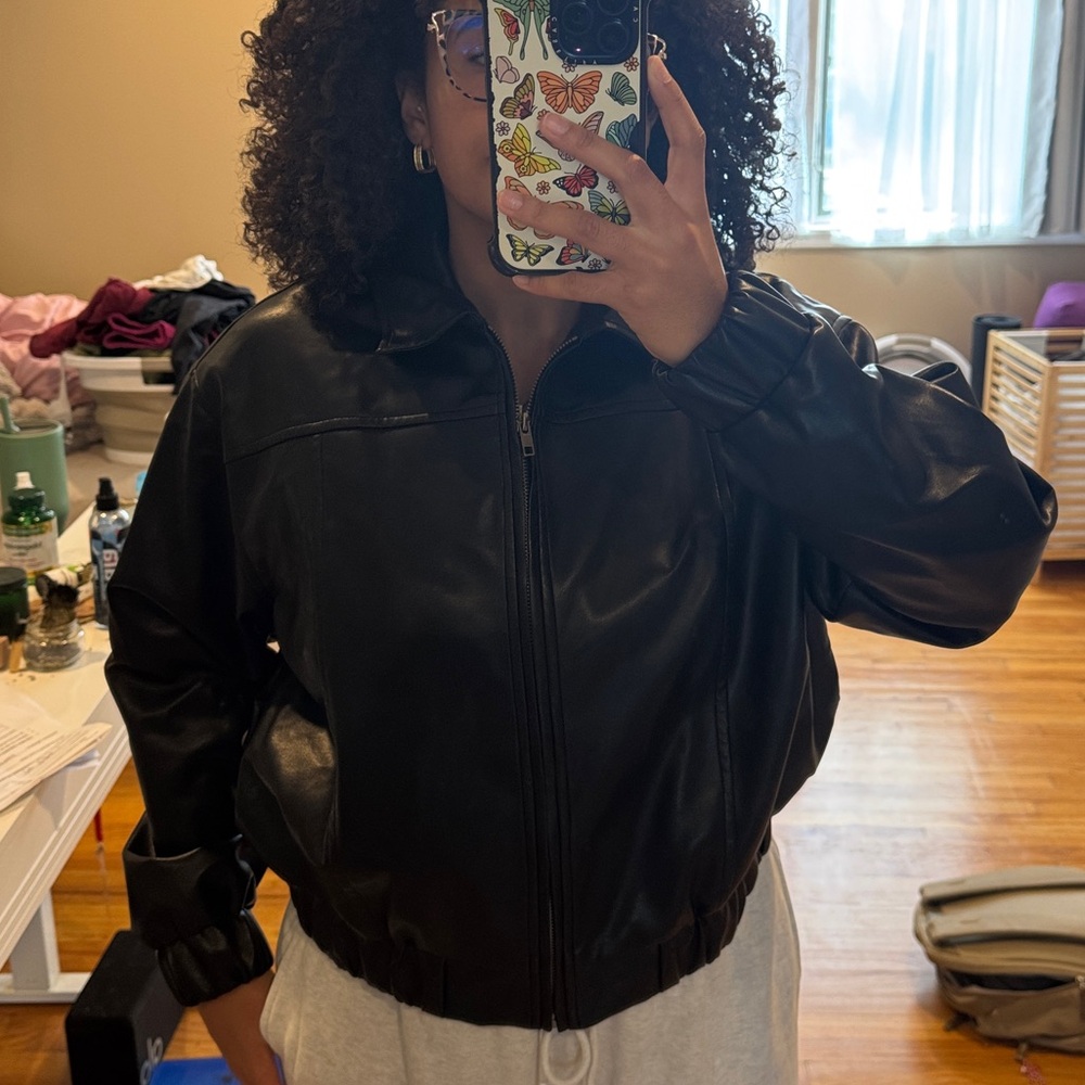 Peppermayo Black Faux Leather Bomber Jacket